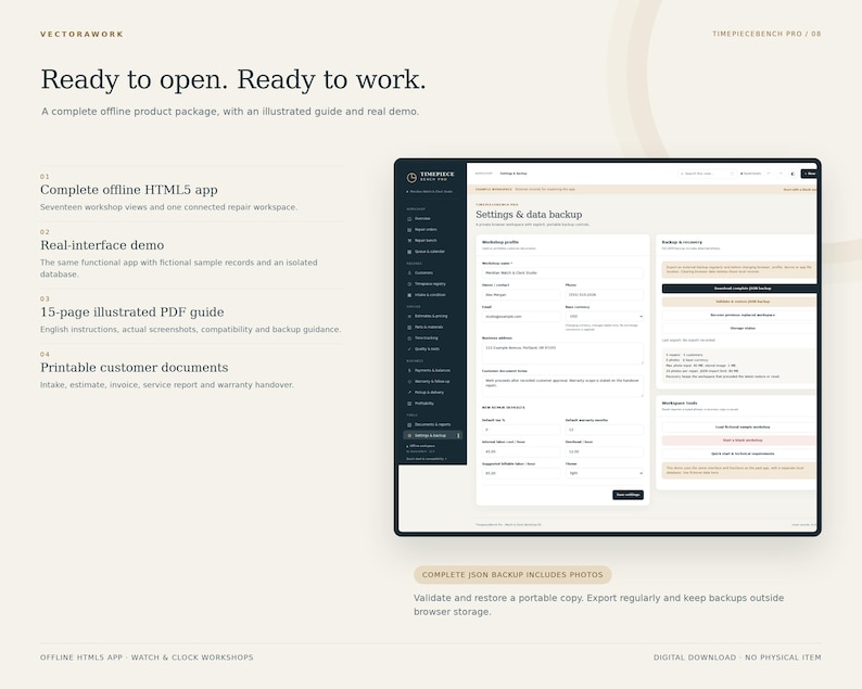 May include: A digital product display for Timepiecebench Pro featuring the text Ready to open. Ready to work. It includes a complete offline HTML5 app, a real-interface demo, a 15-page illustrated PDF guide, and printable customer documents.