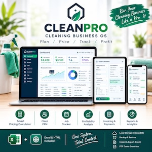 May include: A digital dashboard interface titled CLEANPRO CLEANING BUSINESS OS displayed on a laptop, tablet, and smartphone. The screens show financial data, quote calculators, and job lists. Text includes Plan, Price, Track, Profit, and Run Your Cleaning Business Like a Pro.