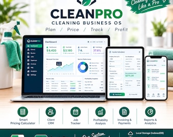 清掃業向けOS - スプレッドシートテンプレート | ハウスクリーニング見積もり計算ツール、顧客CRM、請求書および利益トラッカー | Excel - Googleスプレッドシート