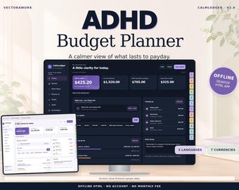 May include: A digital ADHD Budget Planner displayed on a computer monitor and a tablet screen. The interface features dark purple and black themes with financial data, including a safe to spend amount of $425.20 and bills due.