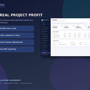 Może przedstawiać: Zrzut ekranu interfejsu cyfrowego zatytułowany SEE REAL PROJECT PROFIT, przedstawiający ciemnoniebieskie tło z białym pulpitem nawigacyjnym wyświetlającym dane finansowe, koszty pracy oraz wskaźniki rentowności projektu dla oprogramowania MakerQueue Pro.