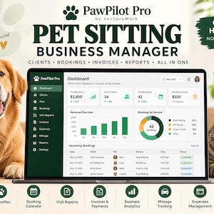 May include: A laptop displaying the PawPilot Pro pet sitting business manager dashboard, featuring revenue, client, and booking data. A golden retriever and a tabby cat are positioned on either side of the screen. Text includes 'Happier Pets A More Organized Business', 'OFFLINE HTML APP NO SUBSCRIPTION', and 'Run Your Pet Care Business with Ease'.