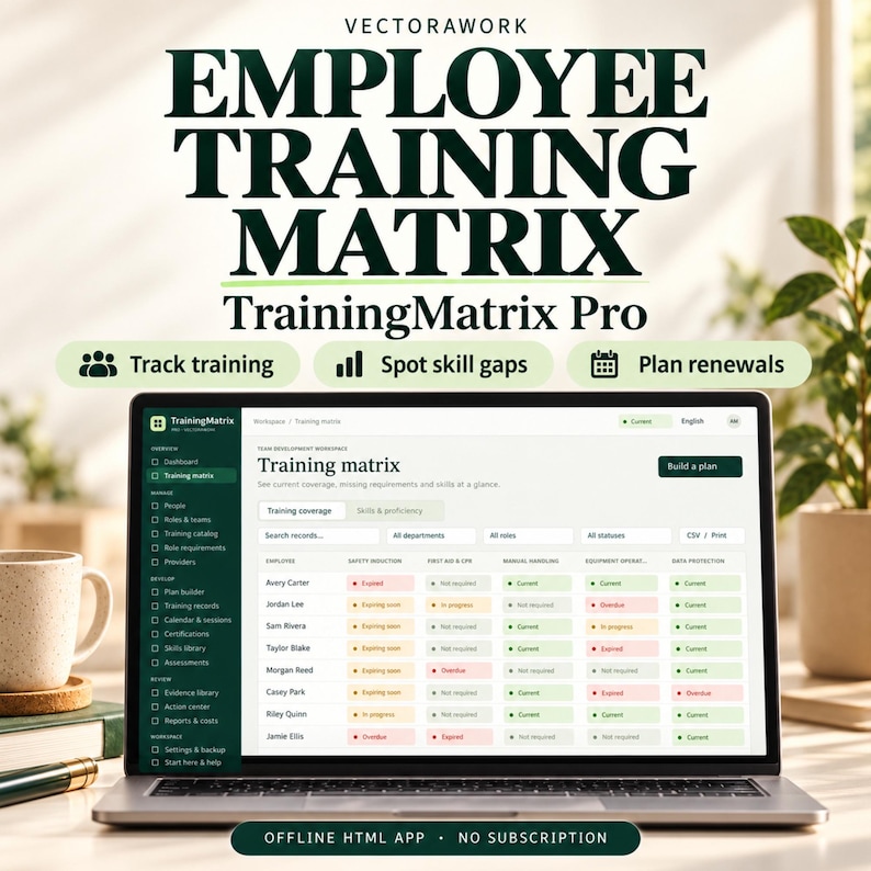 May include: A laptop screen displays the TrainingMatrix Pro software interface, featuring a detailed employee training matrix table with status indicators. Text includes VECTORAWORK, EMPLOYEE TRAINING MATRIX, and OFFLINE HTML APP.