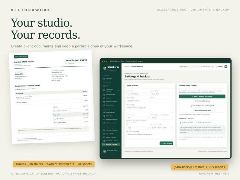 May include: A digital interface for GlassForge Pro software displaying a commission quote document and a settings and backup screen. The layout features dark green and white elements with text including Your studio. Your records.
