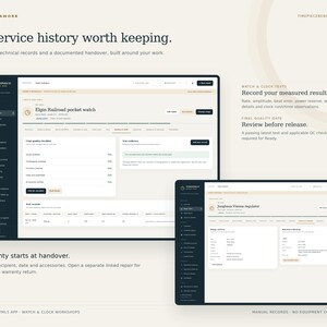 May include: A digital interface for Timepiecebench Pro displaying service records for an Elgin Railroad pocket watch and a Junghans Vienna regulator. The screen shows technical checklists, quality gates, and warranty documentation.