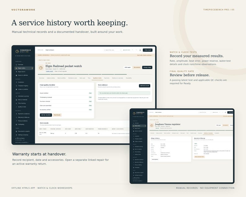 May include: A digital interface for Timepiecebench Pro displaying service records for an Elgin Railroad pocket watch and a Junghans Vienna regulator. The screen shows technical checklists, quality gates, and warranty documentation.