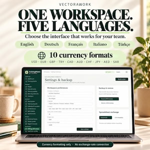 May include: A laptop screen displays the TrainingMatrix software interface showing a Settings and backup page. Text above reads Vectorawork, One Workspace. Five Languages, and 10 currency formats including USD, EUR, GBP, TRY, CAD, AUD, CHF, JPY, AED, SAR.