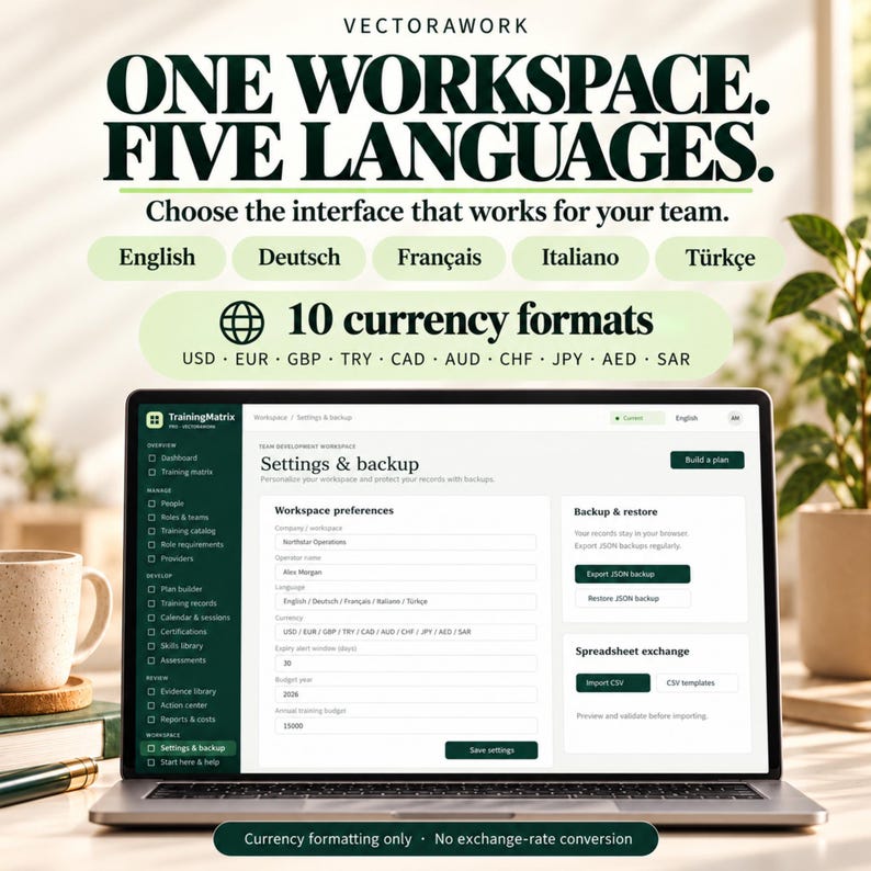 May include: A laptop screen displays the TrainingMatrix software interface showing a Settings and backup page. Text above reads Vectorawork, One Workspace. Five Languages, and 10 currency formats including USD, EUR, GBP, TRY, CAD, AUD, CHF, JPY, AED, SAR.