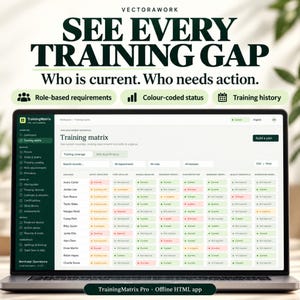 May include: A laptop screen displays the Vectorawork TrainingMatrix software interface. The dashboard features a grid of employee training statuses with color-coded indicators for current, expiring, and overdue requirements.