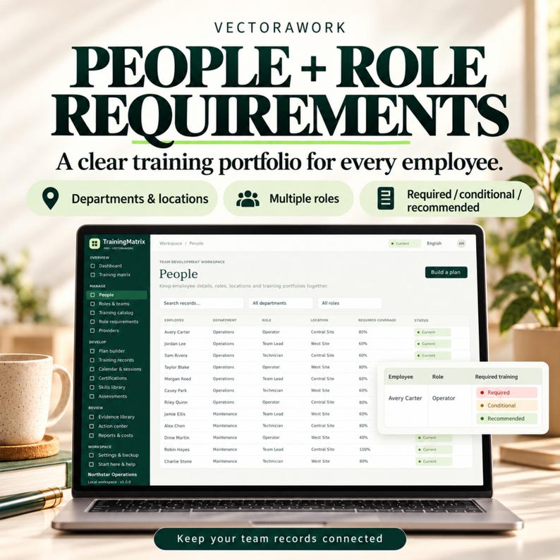 May include: A laptop screen displays the TrainingMatrix software interface, showing a list of employees, departments, roles, and training status. Text reads: VECTORAWORK PEOPLE + ROLE REQUIREMENTS. A clear training portfolio for every employee.