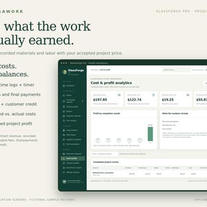 May include: A software interface display titled GlassForge Pro showing cost and profit analytics. The dashboard features data cards for materials, labor, and net profit, alongside a bar chart and a table of completed project results.