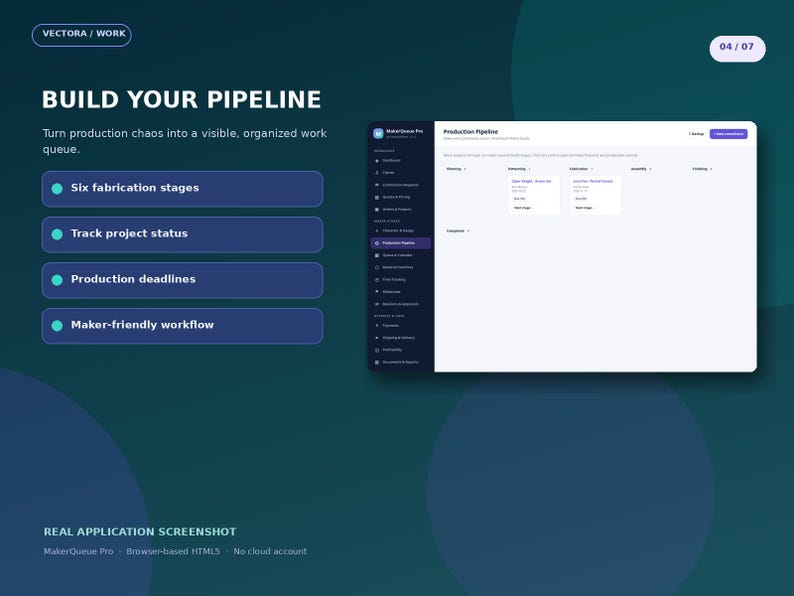 Może przedstawiać: Zrzut ekranu interfejsu cyfrowego zatytułowany BUILD YOUR PIPELINE z ciemnoniebieskim menu bocznym i białym gł&oacute;wnym obszarem pulpitu nawigacyjnego o nazwie Production Pipeline z kolumnami dla Planning, Fabricating, Fabrication, Assembly i Desktop.