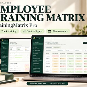 May include: A laptop and a tablet displaying the TrainingMatrix Pro software interface. The screens show an employee training matrix dashboard with data tables, progress bars, and status indicators. Text includes Vectorawork, Employee Training Matrix, TrainingMatrix Pro, Track training, Spot skill gaps, Plan renewals, and Offline HTML App - No Subscription.