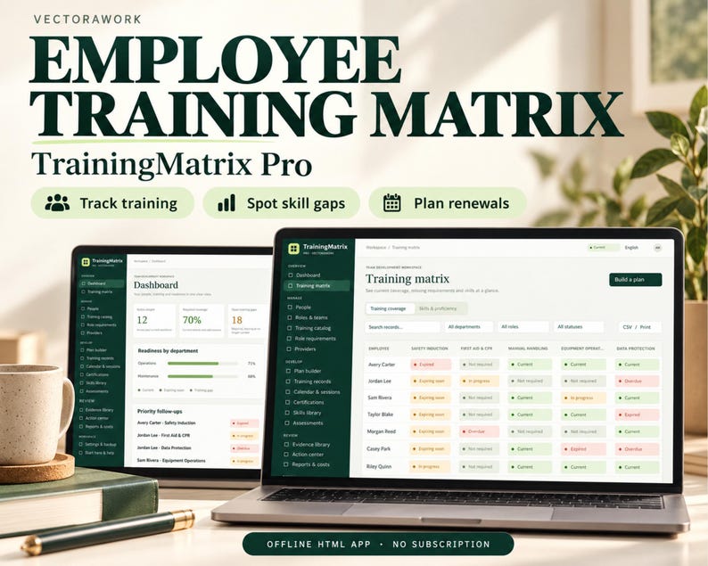 May include: A laptop and a tablet displaying the TrainingMatrix Pro software interface. The screens show an employee training matrix dashboard with data tables, progress bars, and status indicators. Text includes Vectorawork, Employee Training Matrix, TrainingMatrix Pro, Track training, Spot skill gaps, Plan renewals, and Offline HTML App - No Subscription.