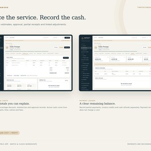 May include: A digital interface display titled Price the service. Record the cash. showing two software screens for Timepiecebench Pro. The screens feature line-item estimates, approval records, partial receipts, and linked adjustments.