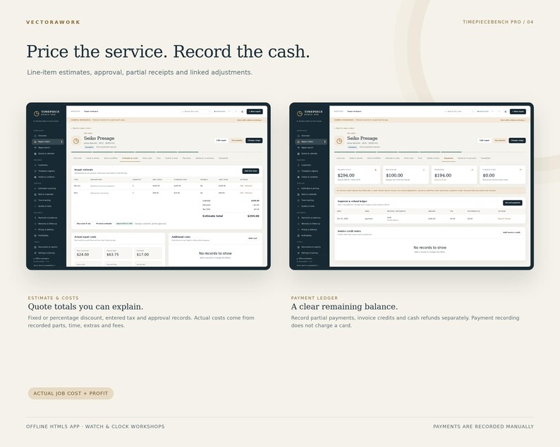 May include: A digital interface display titled Price the service. Record the cash. showing two software screens for Timepiecebench Pro. The screens feature line-item estimates, approval records, partial receipts, and linked adjustments.