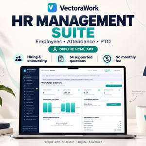 Może przedstawiać: Ekran laptopa wyświetla pulpit nawigacyjny pakietu VectoraWork HR Management Suite z danymi o pracownikach, przepracowanych godzinach i zatwierdzeniach urlopów. Interfejs posiada ciemne menu boczne i białe tło.