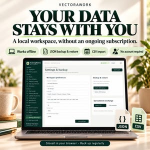 May include: A laptop screen displays the TrainingMatrix software interface showing settings and backup options. Text above reads: VECTORAWORK YOUR DATA STAYS WITH YOU. A local workspace, without an ongoing subscription. Icons indicate offline work, JSON backup, CSV import, and no account required.