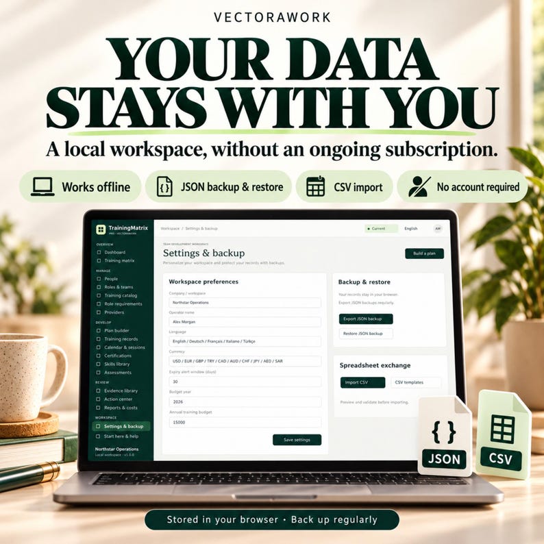 May include: A laptop screen displays the TrainingMatrix software interface showing settings and backup options. Text above reads: VECTORAWORK YOUR DATA STAYS WITH YOU. A local workspace, without an ongoing subscription. Icons indicate offline work, JSON backup, CSV import, and no account required.