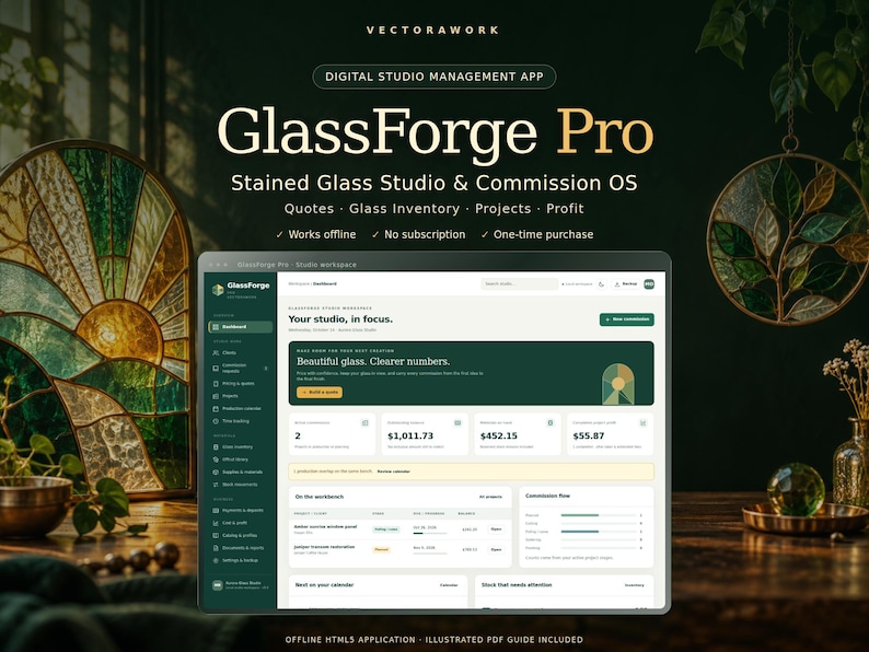 May include: GlassForge Pro digital studio management app for stained glass artists. The interface displays a dashboard with project tracking, financial summaries, and commission management tools on a dark green background.