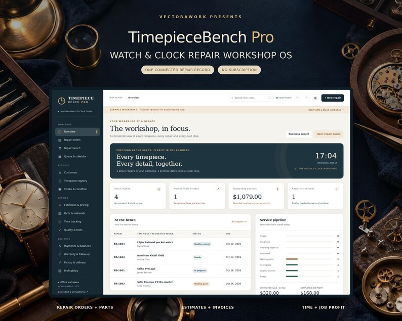 May include: A digital dashboard interface titled TimepieceBench Pro for watch and clock repair management. The screen displays workshop metrics, repair orders, service pipelines, and financial data in a dark blue and cream layout.