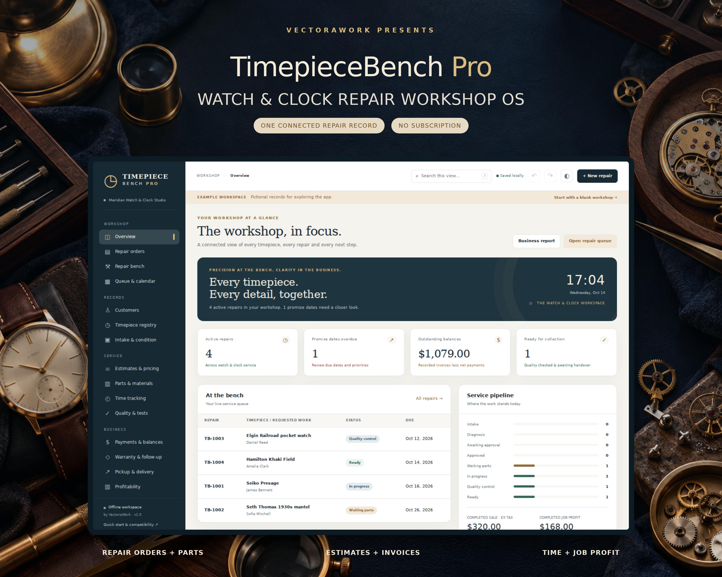 TimepieceBench Pro — Watch & Clock Repair Manager product preview