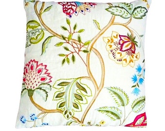 Braquenie - Multicolor Floral Embroidery and pink Velvet Back Pillow