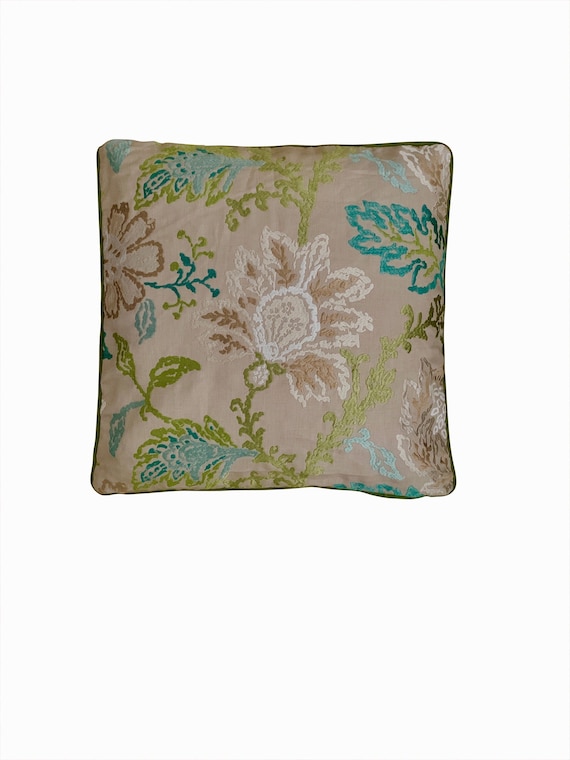 Nina Campbell Green, Aqua and White Floral Embroidery on Beige