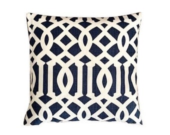 Schumacher - Imperial Treallis Navy and Ivory Square Pillow