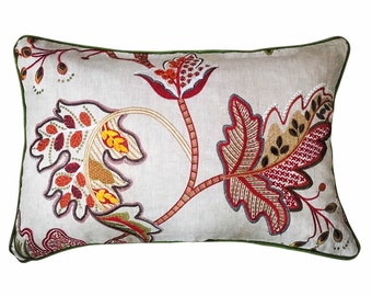 Colefax & Fowler - Green, red, yellow leaf embroidery on beige herringbone ground