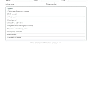 May include: A white printable substitute teacher binder cover sheet with dark teal text. It includes fields for teacher, room, grade, date, and contact number, plus a numbered list of ten contents ranging from daily schedule to notes.