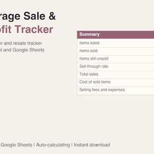 May include: A digital Garage Sale & Profit Tracker spreadsheet template for Excel and Google Sheets. The interface displays a summary table with metrics including items listed, items sold, sell-through rate, total sales, costs, and selling fees.