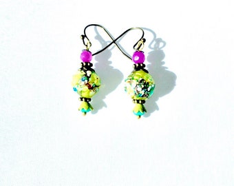Spring green Fused glass beads chartreuse Mother's Day fuschia earrings
