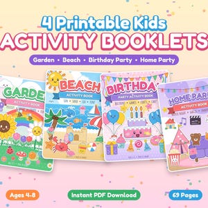Lot de 4 livrets d'activités pour enfants (4-8 ans), à imprimer, sur le thème d'une fête d'anniversaire (jardin, plage, maison), avec des puzzles. Téléchargement PDF instantané.