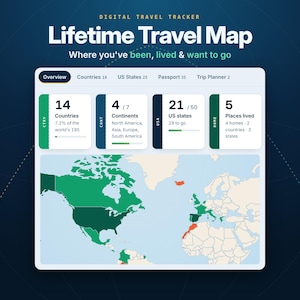 May include: A digital travel tracker interface titled Lifetime Travel Map. The dashboard displays statistics including 14 countries, 4 continents, 21 US states, and 5 places lived. Below the metrics, a world map highlights visited regions in green.