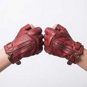 Genuine Leather Fingerless Gloves for Men, Vintage Biker Gloves with Zipper Pockets and Buckle Straps