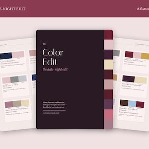 Könnte beinhalten: Ein dunkelvioletter Leitfaden mit dem Titel The Color Edit: the date-night edit, der auf der rechten Seite einen vertikalen Streifen mit Farbmustern aufweist. Zwei offene Seiten zeigen verschiedene Farbpalettenkombinationen mit Textbeschriftungen.