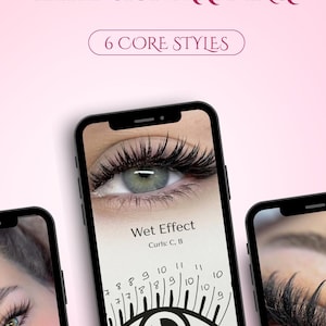 May include: A digital mapping guide for eyelash extensions featuring three smartphones displaying eye images and lash diagrams. Text includes DIGITAL MAPPING GUIDE, TRENDY EYELASH EXTENSION MAPPING, 6 CORE STYLES, Wet Effect, Curls: C, B, and @merilash.