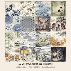May include: A digital collection of 16 Japanese-inspired patterns featuring illustrations of waves, cranes, bamboo, floral motifs, geometric shapes, and anthropomorphic animals like foxes, frogs, and monkeys in various traditional settings.