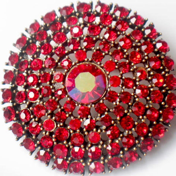 Vintage RED Brooch HOLLYCRAFT Style Rhinestone 1950s Domed Collectable Jewelry Pin Valentine Red Unsigned Beauty
