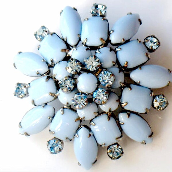 JULIANA Blue Brooch Milk Glass Rhinestone Verified High Fashion DeLizza and Elster 1950s Vintage Jewelry Collectable Domed Flower Pin