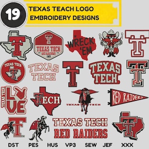 Puede incluir: Una colección de 19 diseños de bordado de Texas Tech que incluyen el logotipo Double T, el estado de Texas, el jinete enmascarado y textos como Texas Tech, Red Raiders y Wreck 'Em en rojo, negro y blanco con los formatos de archivo listados.