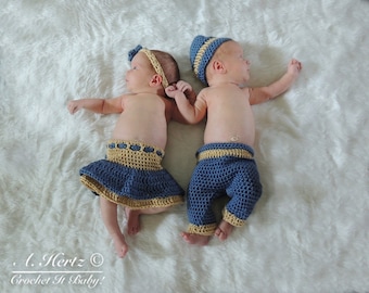 Haak Twin broek/hoed en rok luier cover/hoofdband set foto prop-pasgeboren-alleen patroon