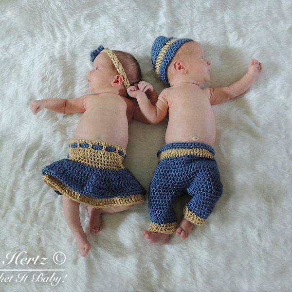 Crochet Twin Pants/Hat and Skirt Diaper Cover/Headband Set Photo Prop - Newborn - PATTERN ONLY