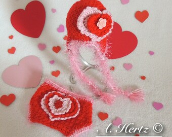 Crochet Sweet Heart Valentines Hat and Diaper Cover Photo Prop Set (Newborn Size Only) - PATTERN ONLY