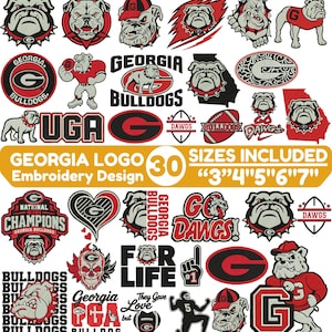 Könnte beinhalten: Eine Sammlung von dreißig Georgia Bulldogs Stickmustern mit verschiedenen Bulldoggen-Illustrationen, dem Buchstaben G, Fußbällen und Texten wie Georgia Bulldogs, Go Dawgs und National 2021 Champions in den Farben Rot, Schwarz, Weiß und Grau.
