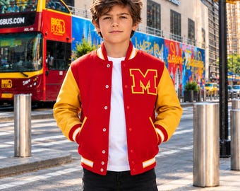 Michael Jackson Thriller Kids Varsity Jacket | Wool Bomber MJ Cosplay Costume | Red Letterman Pop Star Coat | Leather Sleeve Jacket