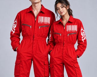 Red Jumpsuit Coveralls | Slipknot Inspired Corey Taylor Cosplay Costume | Nu Metal Barcode Jumpsuit | Halloween Concert Outfit Unisex