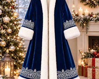 Blue Velvet Santa Coat Women, Mrs Claus Costume Christmas Long Coat, Navy Velvet Coat with Faux Fur, Holiday Party Outfit, Gift for Her