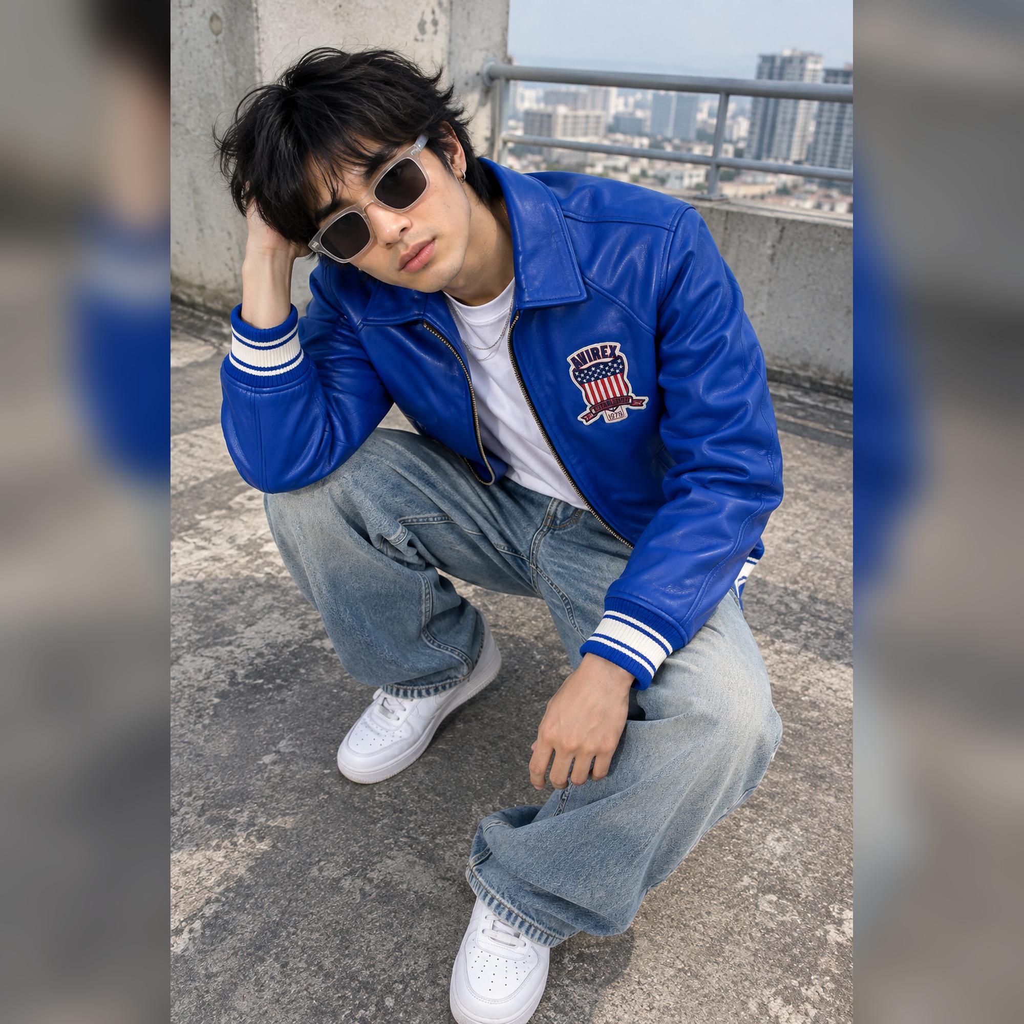 Avirex, Avirex USA Men’s Leather Varsity Bomber Jacket | Multicolor Real Sheepskin Handmade Streetwear Jacket, Retro Flight Coat